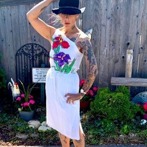 VINTAGE 1970’s disco dress glitter orchids side slit blouson Studio 54